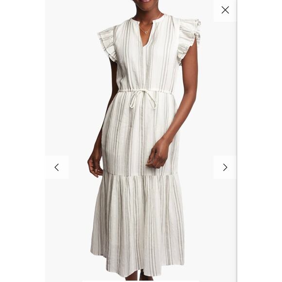Able Dresses & Skirts - ABLE Caralyn Midi Dress White Gray Stripe Ruffle Sleeve V Neck - Size Medium